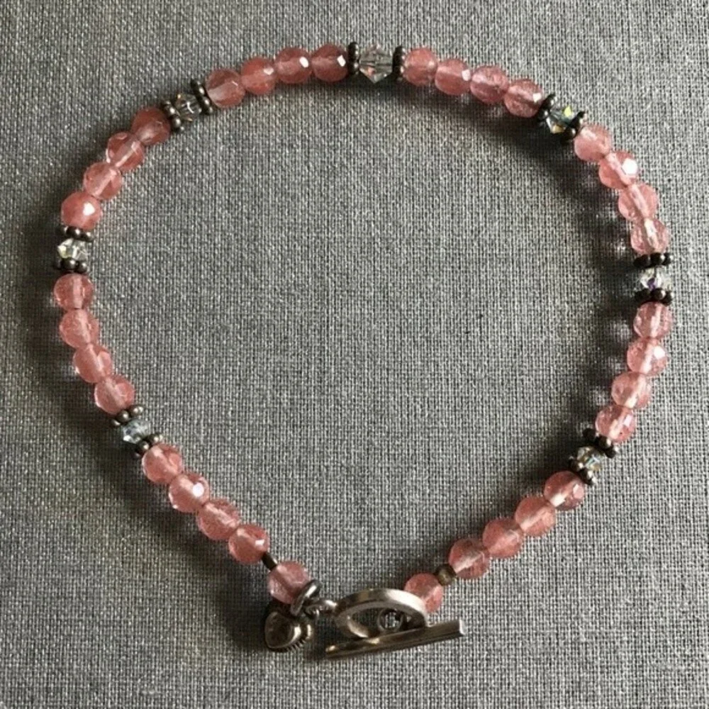 Vintage Handmade Strawberry Quartz Swarovski Crystal Sterling Silver Bracelet